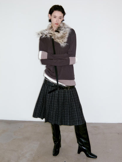 Delivery Dark Gray Black Woven Wool Tweed Pleated Low Waist A Line Women&