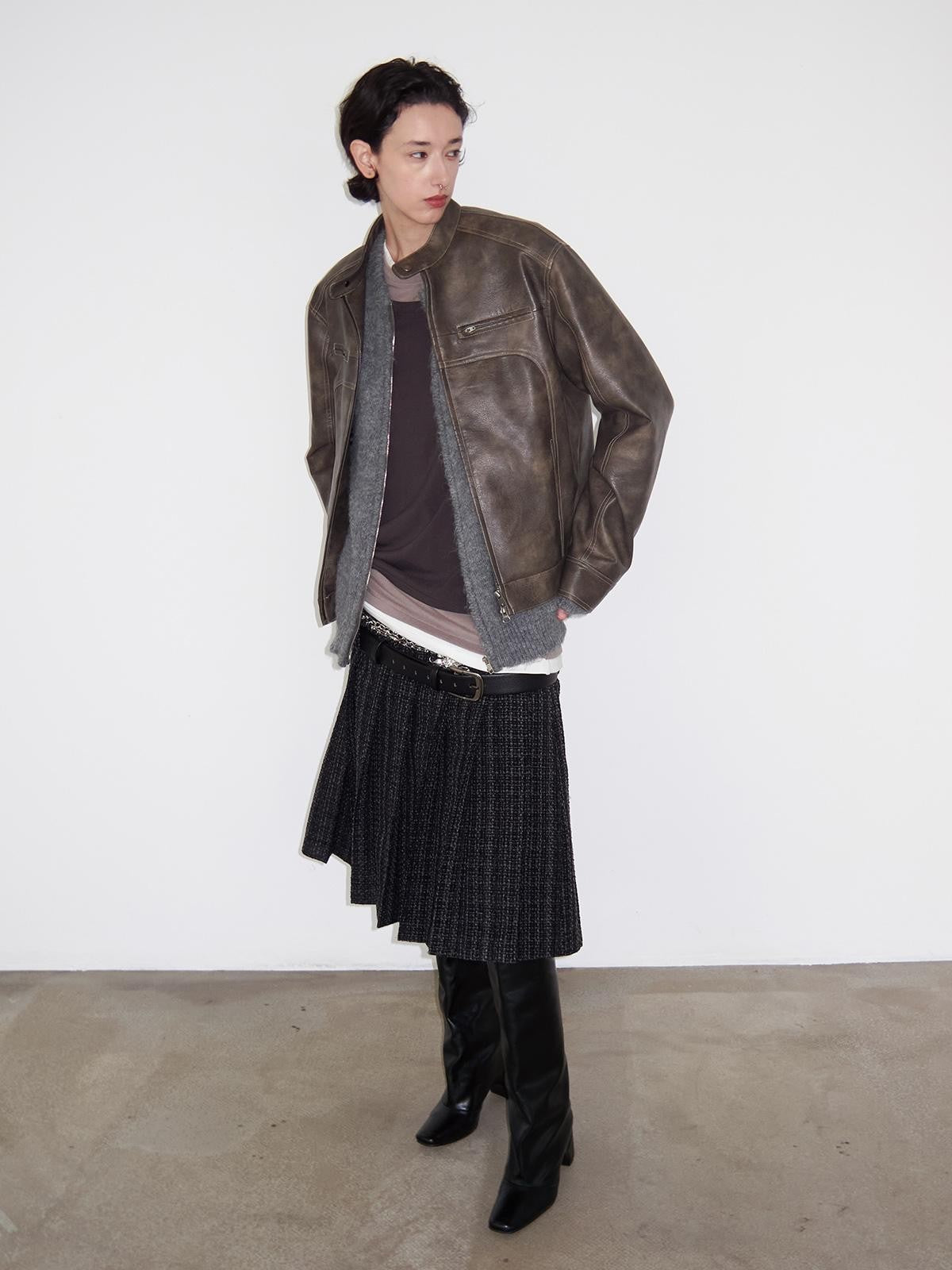 Delivery Dark Gray Black Woven Wool Tweed Pleated Low Waist A Line Women&