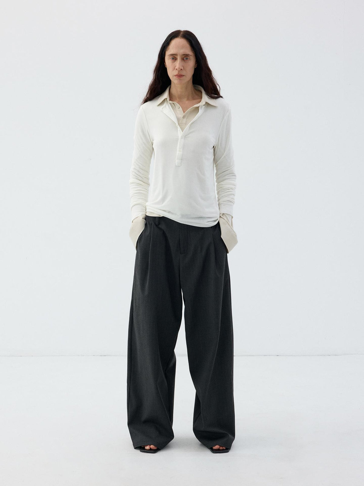 Delivery Dark Gray Pinstripe Pintuck Curved Panel Women&