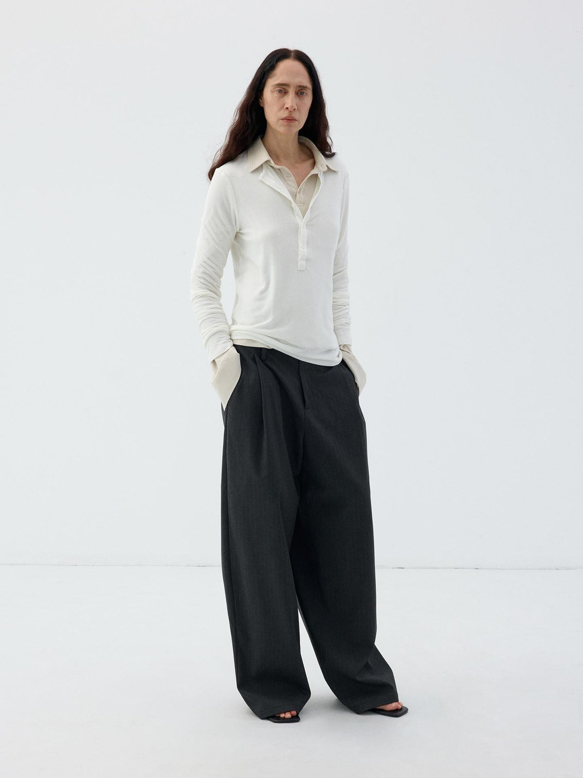 Delivery Dark Gray Pinstripe Pintuck Curved Panel Women&