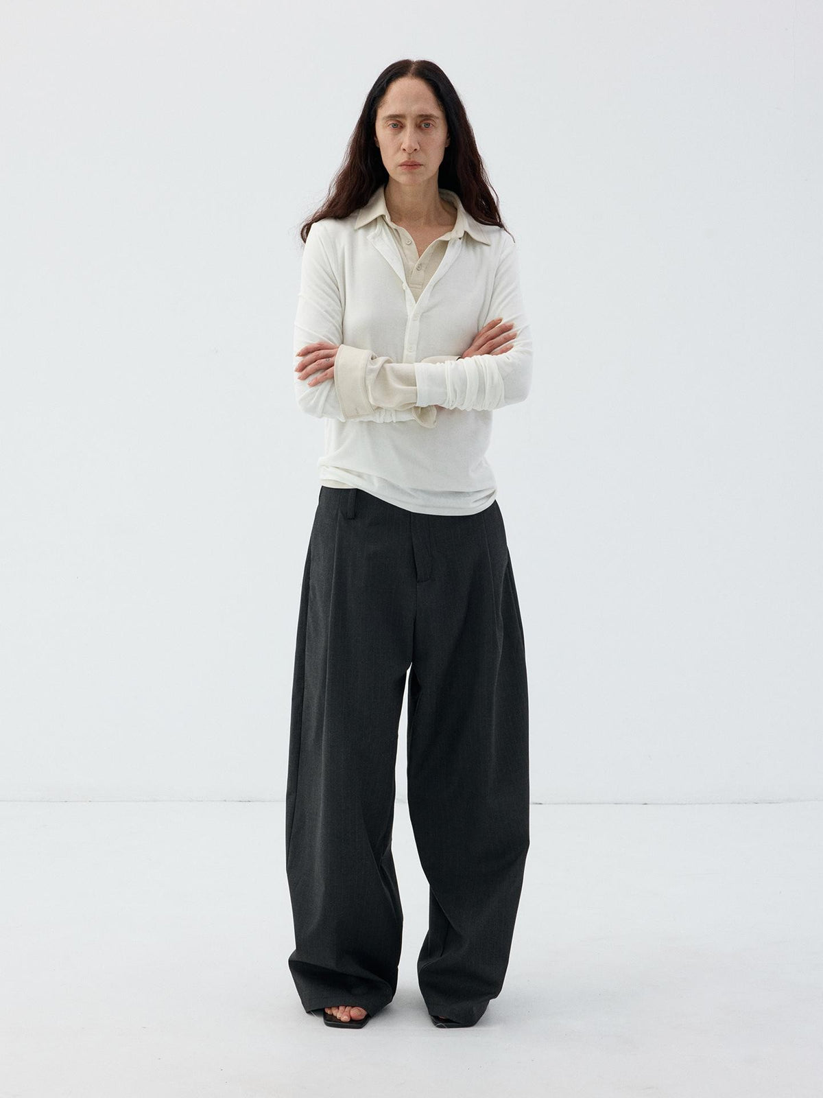 Delivery Dark Gray Pinstripe Pintuck Curved Panel Women&