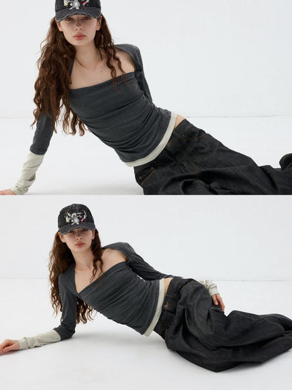 Delivery Dark Grey Light Green Mock Layer Pleated Slim Fit Women&