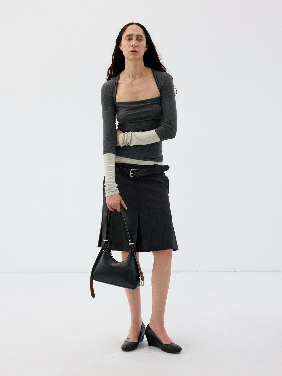 Delivery Dark Grey Light Green Mock Layer Pleated Slim Fit Women&
