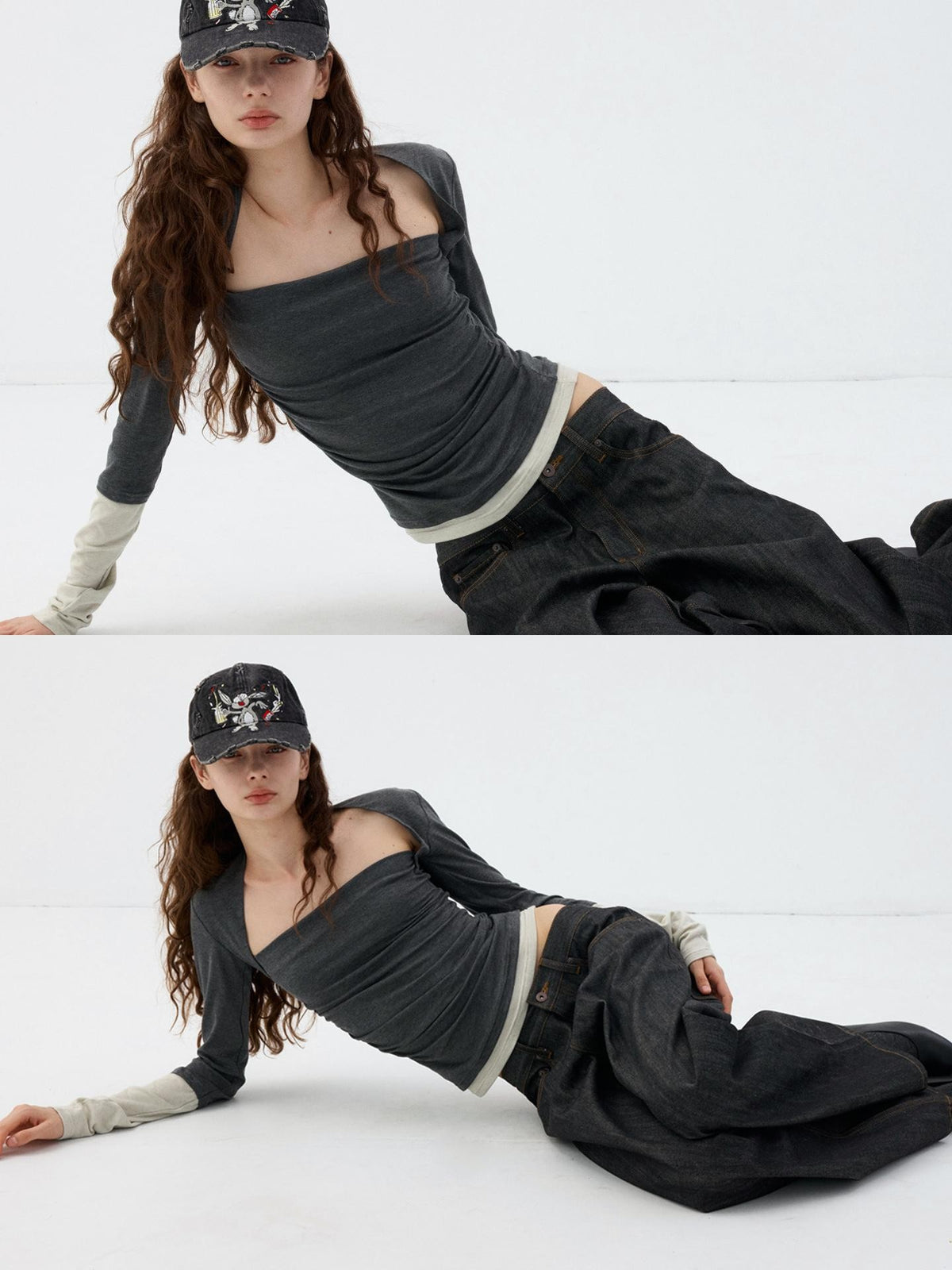 Delivery Dark Grey Light Green Mock Layer Pleated Slim Fit Women&