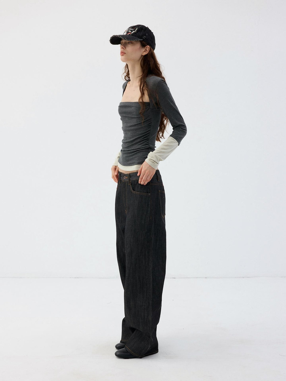 Delivery Dark Grey Light Green Mock Layer Pleated Slim Fit Women&