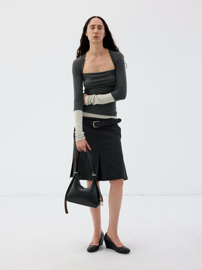 Delivery Dark Grey Light Green Mock Layer Pleated Slim Fit Women&