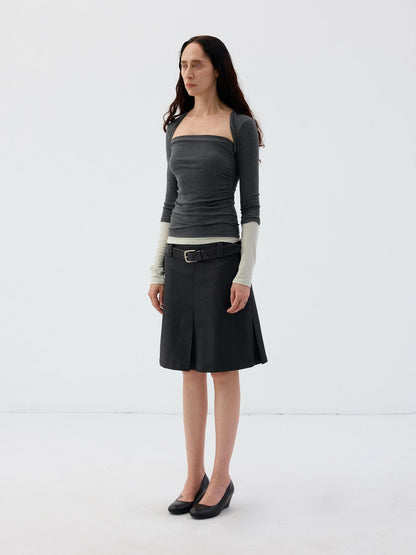 Delivery Dark Grey Light Green Mock Layer Pleated Slim Fit Women&