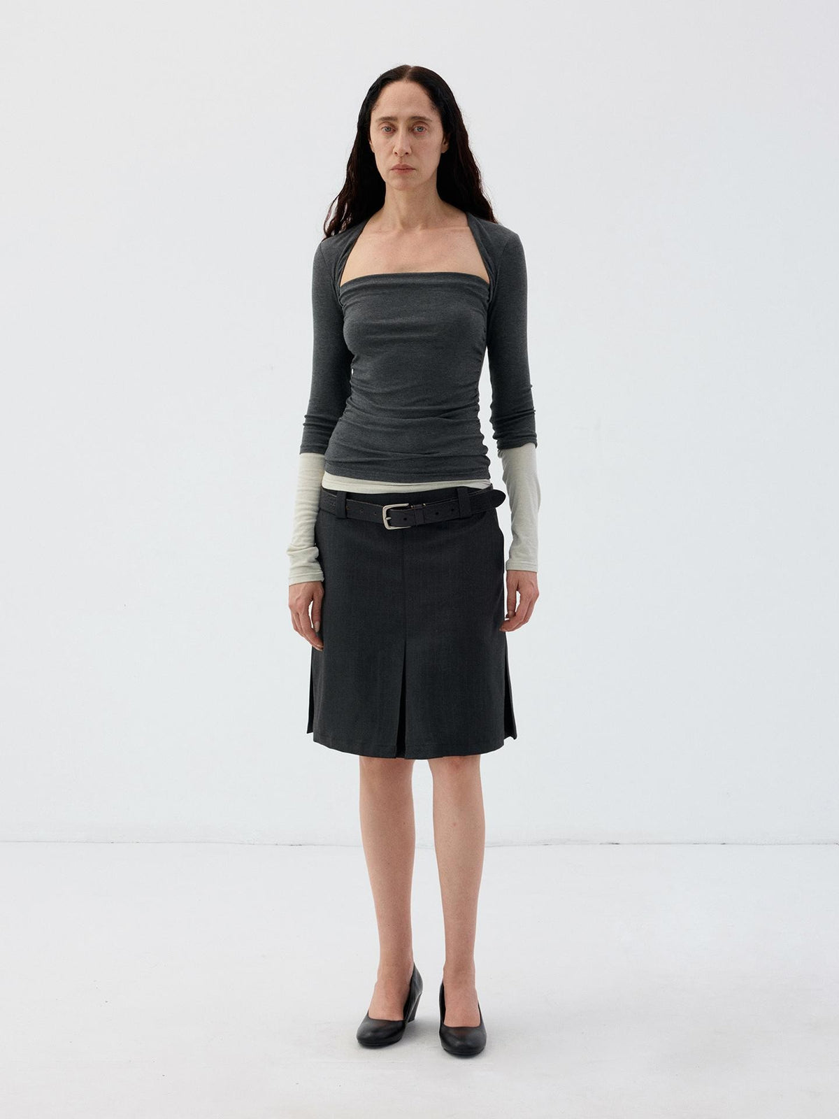 Delivery Dark Grey Light Green Mock Layer Pleated Slim Fit Women&