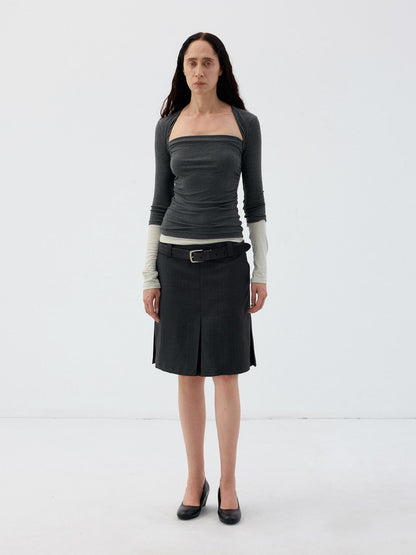 Delivery Dark Grey Light Green Mock Layer Pleated Slim Fit Women&