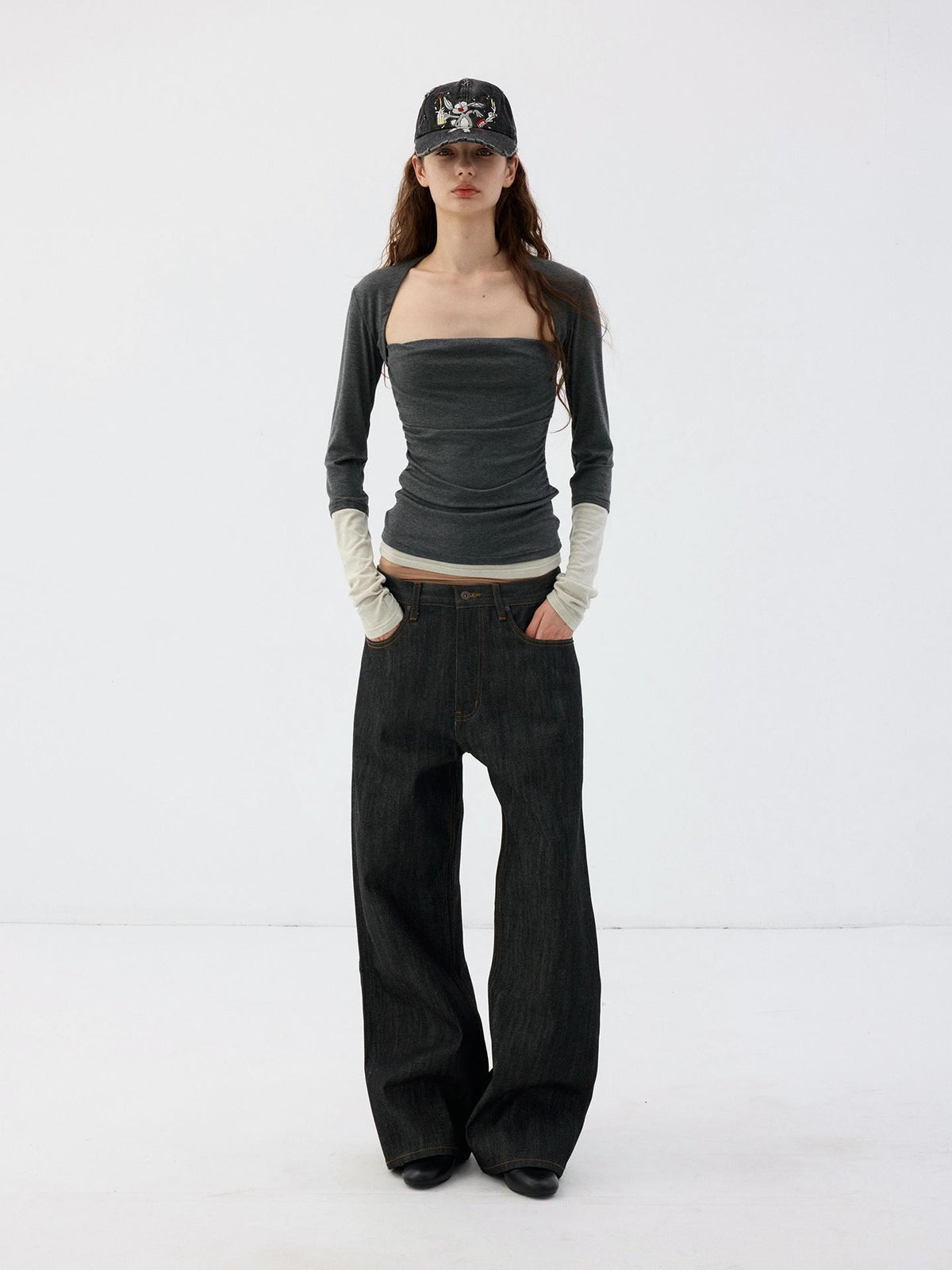 Delivery Dark Grey Light Green Mock Layer Pleated Slim Fit Women&