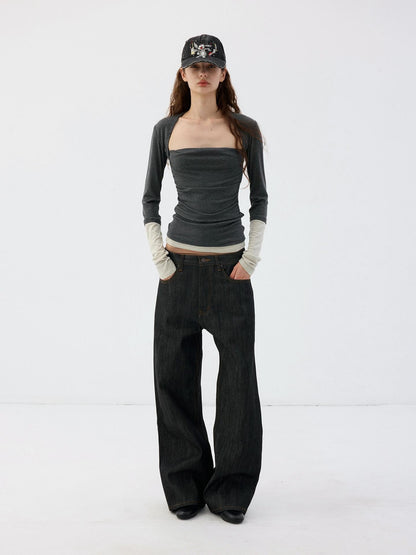 Delivery Dark Grey Light Green Mock Layer Pleated Slim Fit Women&