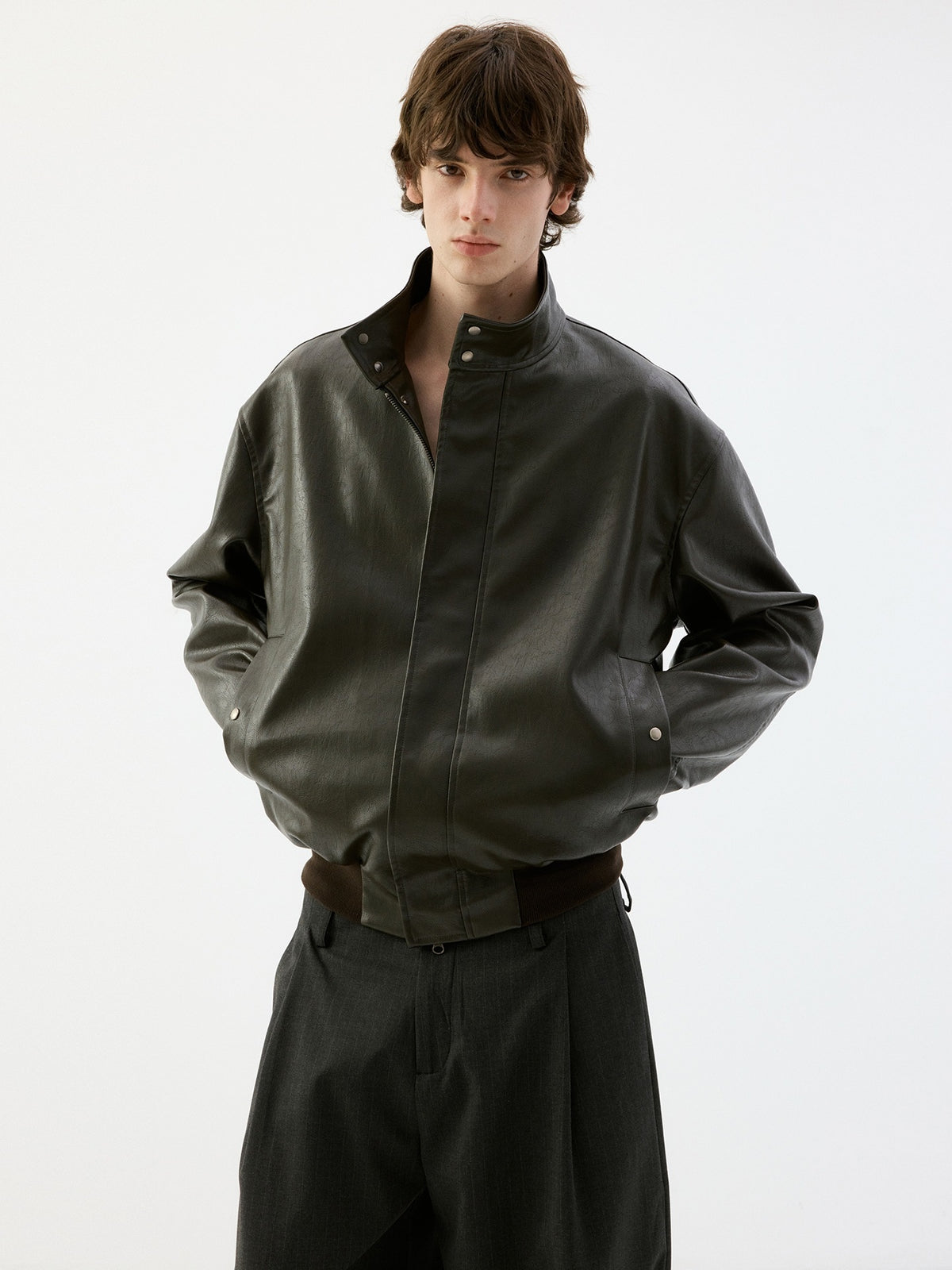 Delivery_Dark_Olive_Green_Stand_Collar_Zip_Pu_Women&