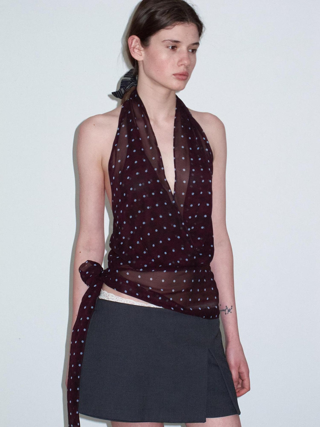 Delivery Dark Purple Polka Dot V-neck Sheer Tie Crop Women&