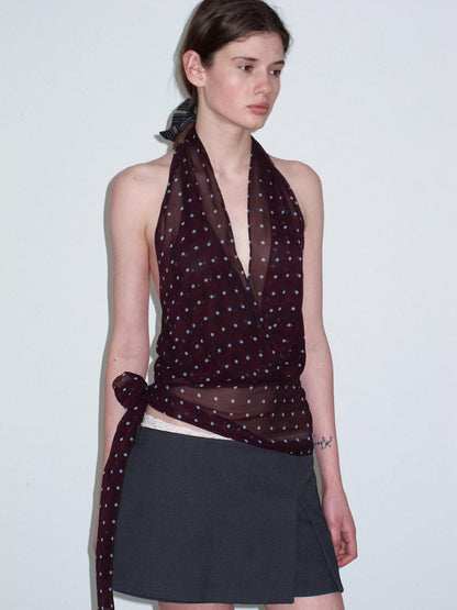 Delivery Dark Purple Polka Dot V-neck Sheer Tie Crop Women&