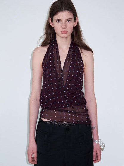Delivery Dark Purple Polka Dot V-neck Sheer Tie Crop Women&