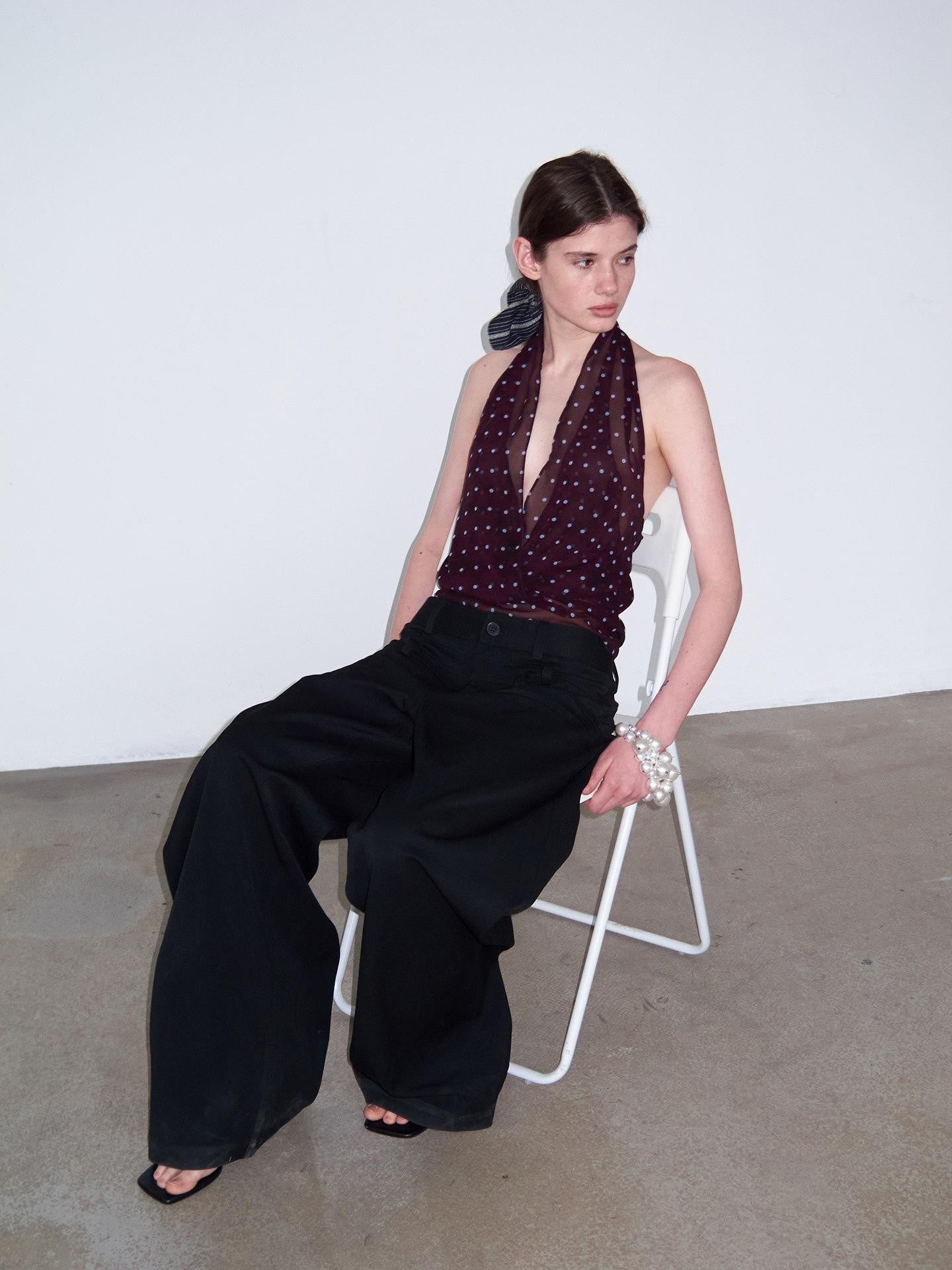 Delivery Dark Purple Polka Dot V-neck Sheer Tie Crop Women&