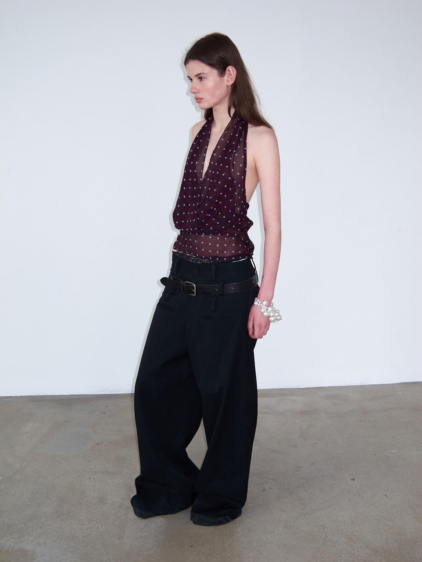 Delivery Dark Purple Polka Dot V-neck Sheer Tie Crop Women&
