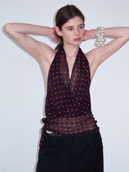 Delivery Dark Purple Polka Dot V-neck Sheer Tie Crop Women&