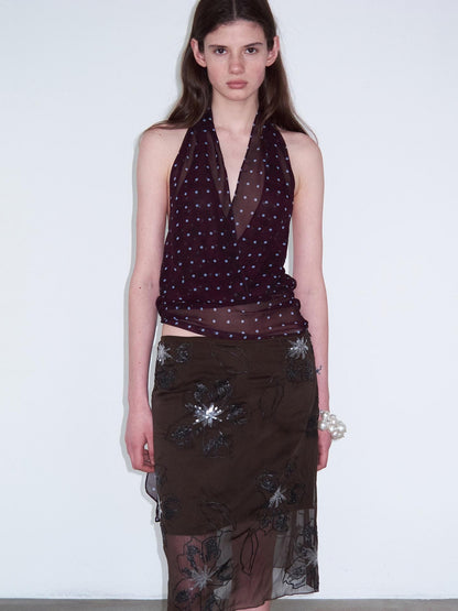 Delivery Dark Purple Polka Dot V-neck Sheer Tie Crop Women&