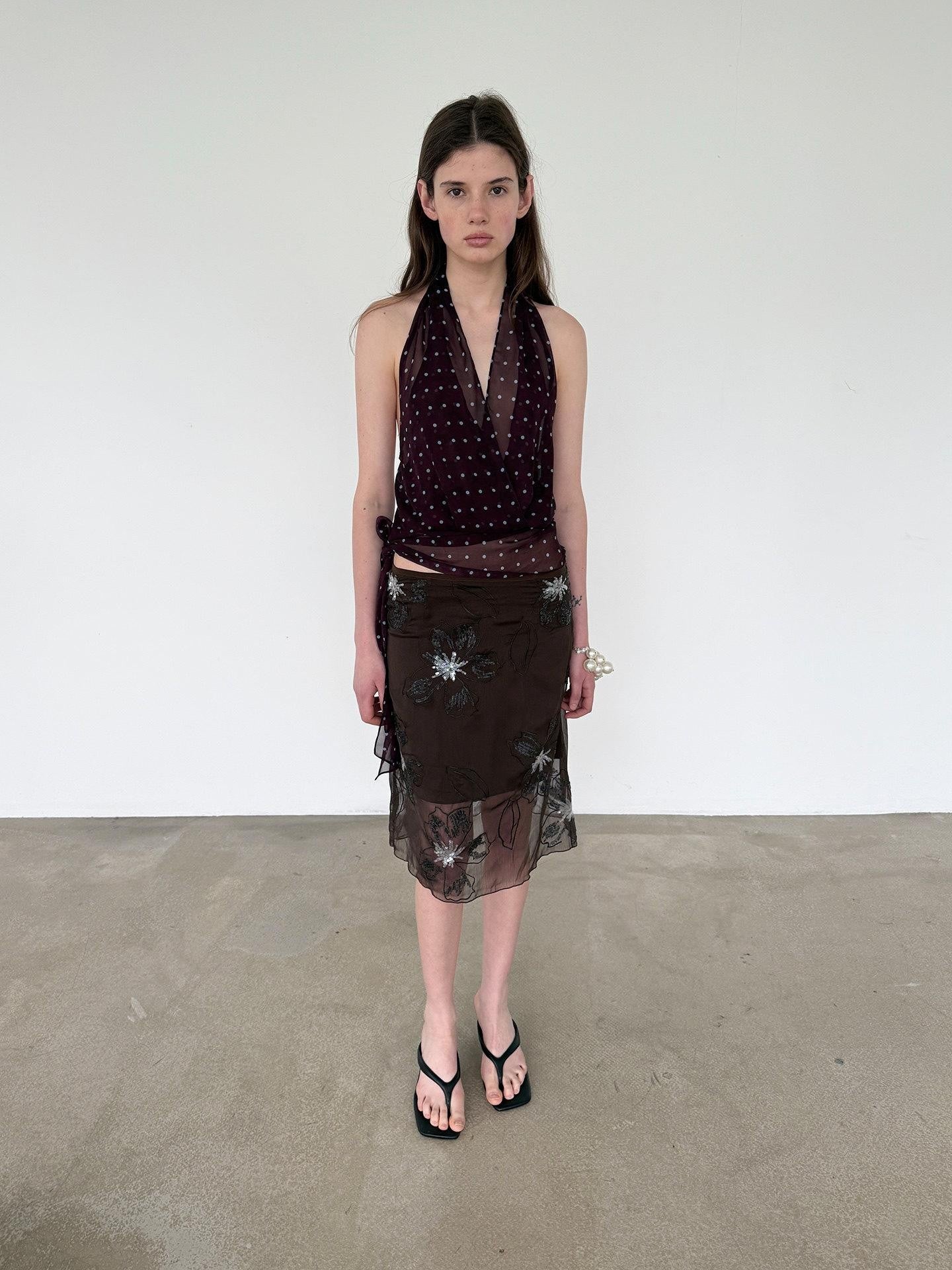 Delivery Dark Purple Polka Dot V-neck Sheer Tie Crop Women&