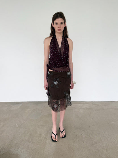 Delivery Dark Purple Polka Dot V-neck Sheer Tie Crop Women&