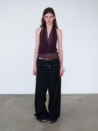 Delivery Dark Purple Polka Dot V-neck Sheer Tie Crop Women&