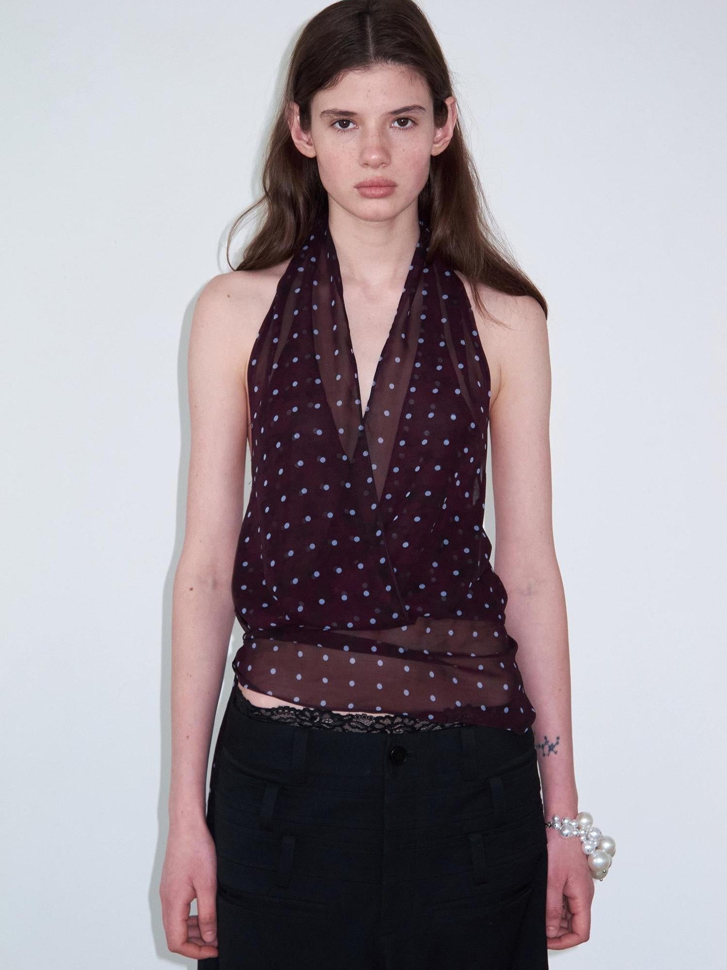 Delivery Dark Purple Polka Dot V-neck Sheer Tie Crop Women&