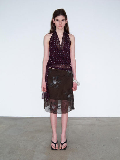 Delivery Dark Purple Polka Dot V-neck Sheer Tie Crop Women&