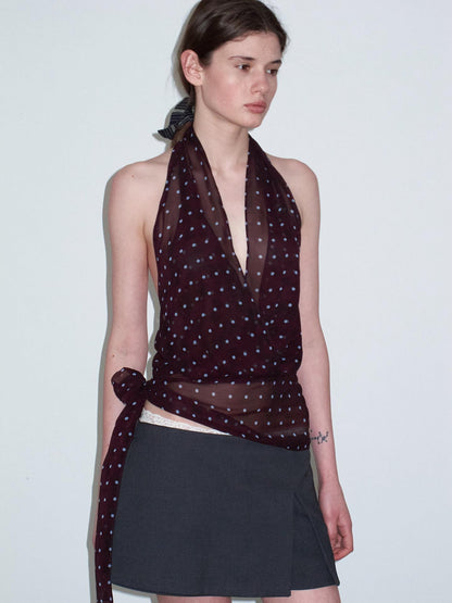 Delivery Dark Purple Polka Dot V-neck Sheer Tie Crop Women&