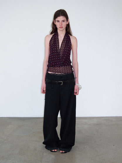 Delivery Dark Purple Polka Dot V-neck Sheer Tie Crop Women&