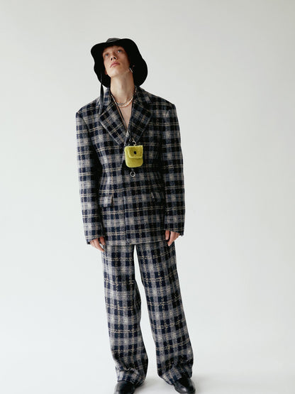 Delivery Deep Blue Plaid Loose Fit Three Button Women&