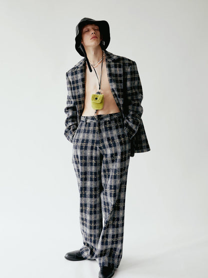 Delivery Deep Blue Plaid Loose Fit Three Button Women&