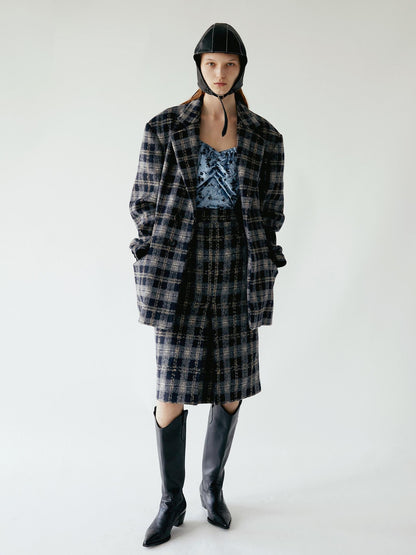Delivery Deep Blue Plaid Loose Fit Three Button Women&