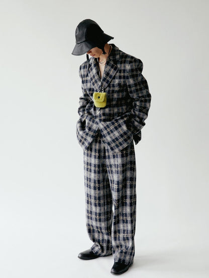 Delivery Deep Blue Plaid Loose Fit Three Button Women&