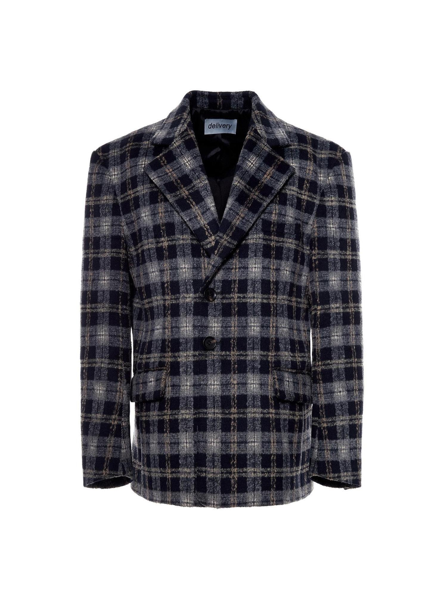 Delivery Deep Blue Plaid Loose Fit Three Button Women&