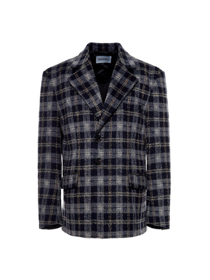 Delivery Deep Blue Plaid Loose Fit Three Button Women&