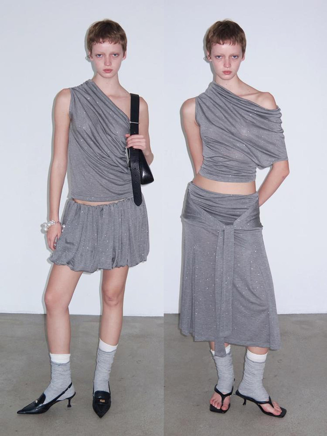 Delivery Delivery Gray Crystal Foil Print Layered Lyocell Top With Floral Mini Skirt And Tie Wrap Midi Dress