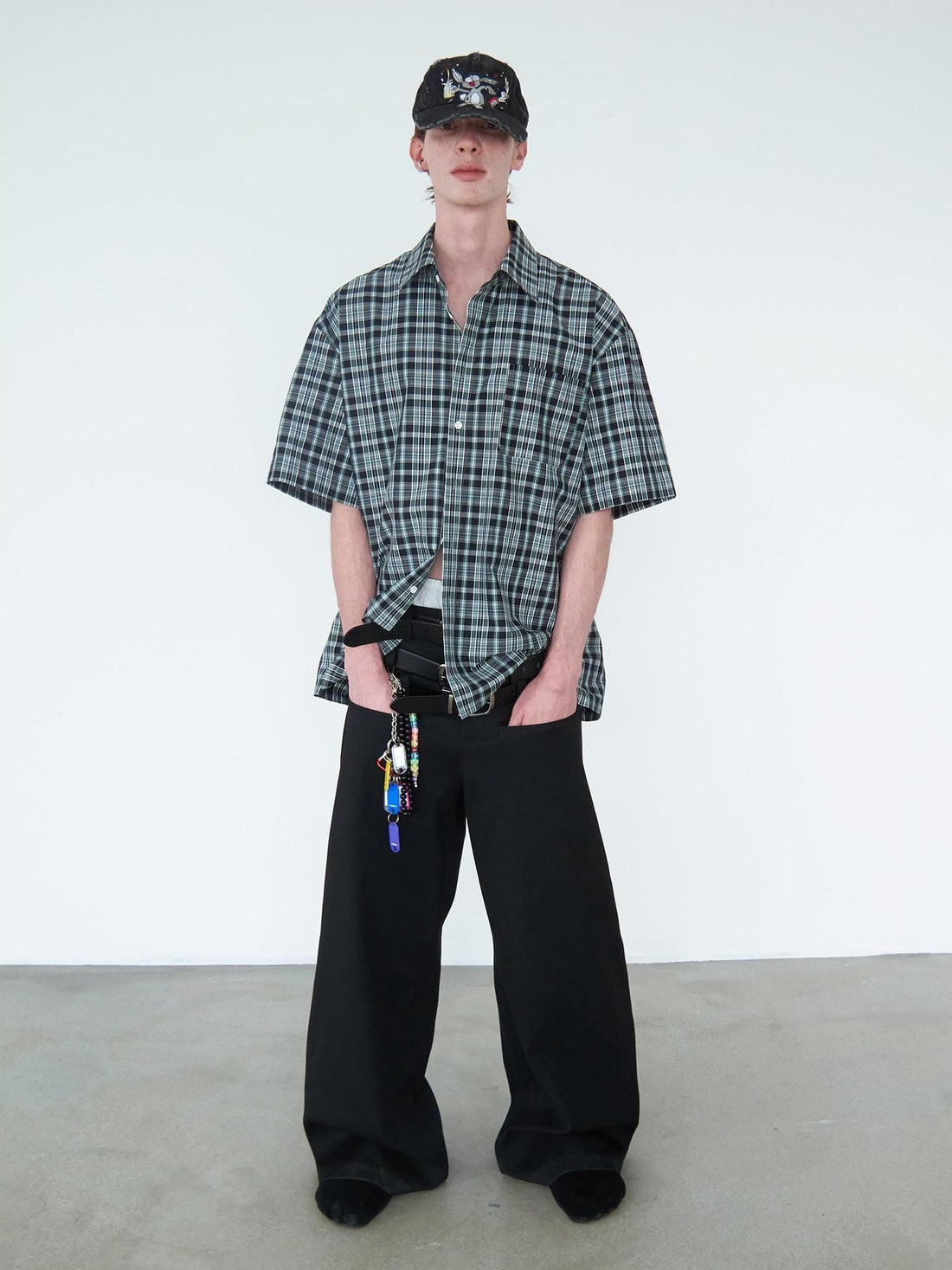 Delivery Delivery Green Black Plaid Loose Fit Short Sleeve Shirt