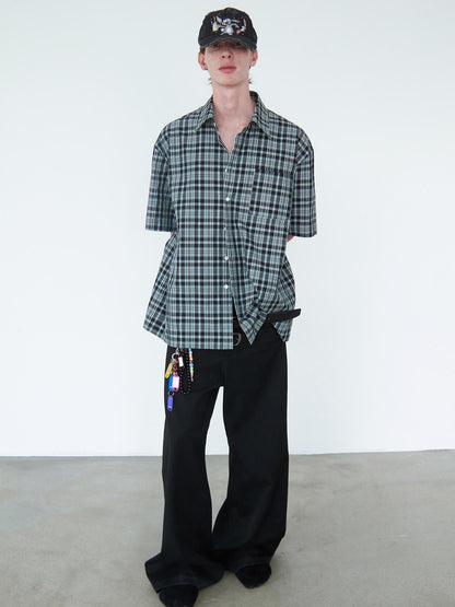 Delivery Delivery Green Black Plaid Loose Fit Short Sleeve Shirt