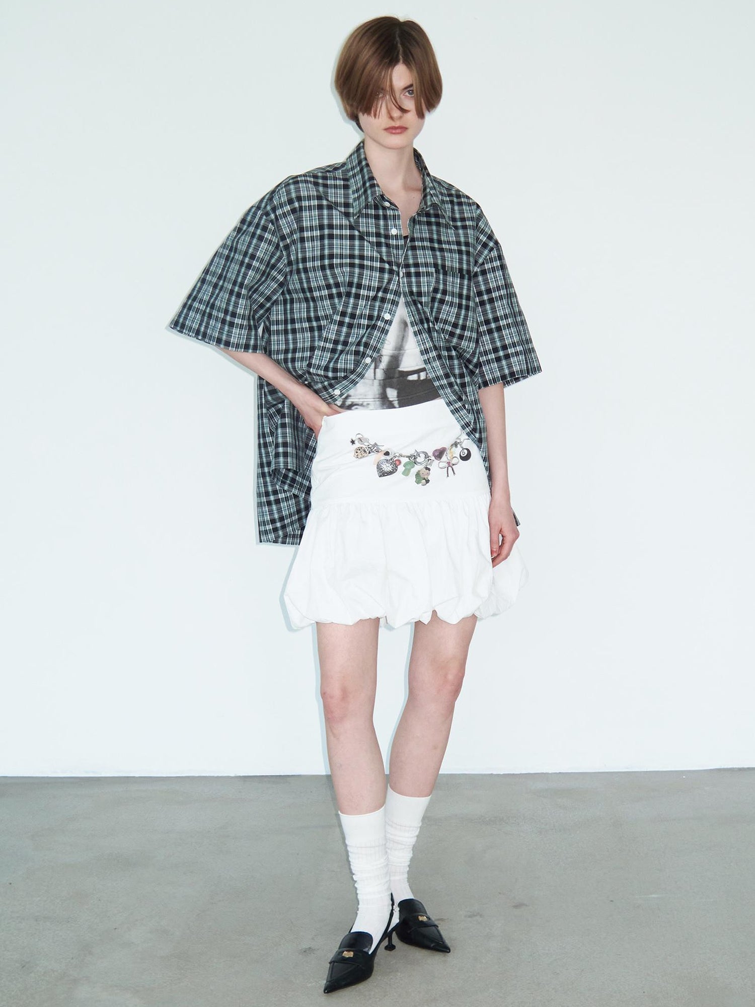 Delivery Delivery Green Black Plaid Loose Fit Short Sleeve Shirt