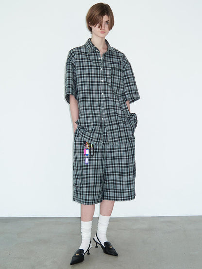 Delivery Delivery Green Black Plaid Loose Fit Short Sleeve Shirt