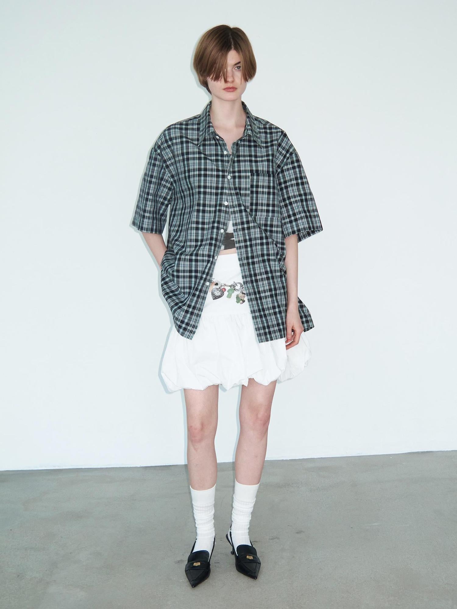 Delivery Delivery Green Black Plaid Loose Fit Short Sleeve Shirt