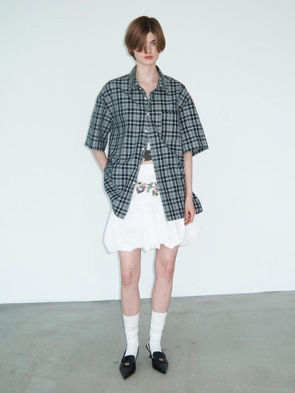 Delivery Delivery Green Black Plaid Loose Fit Short Sleeve Shirt
