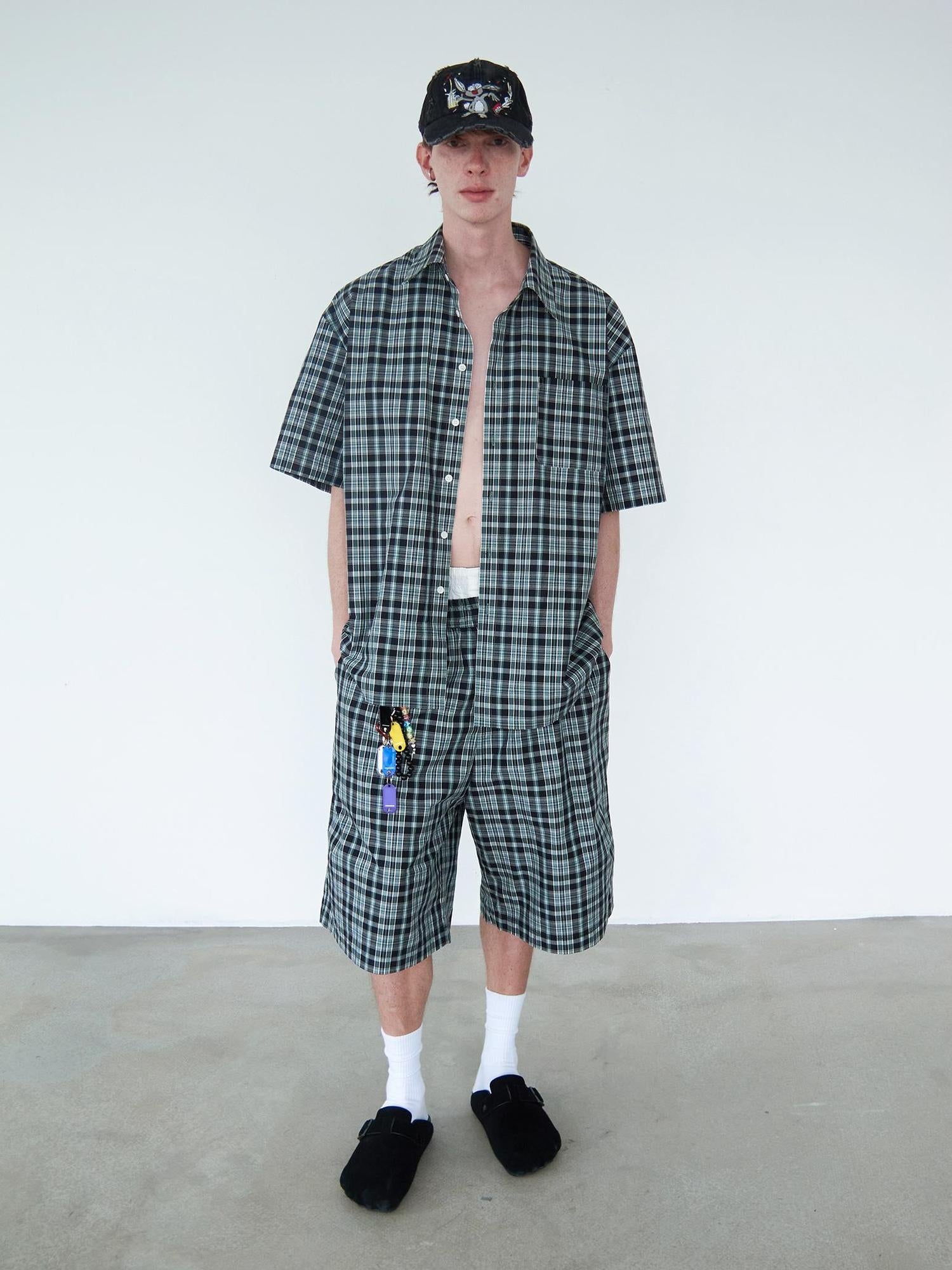 Delivery Delivery Green Black Plaid Loose Fit Short Sleeve Shirt
