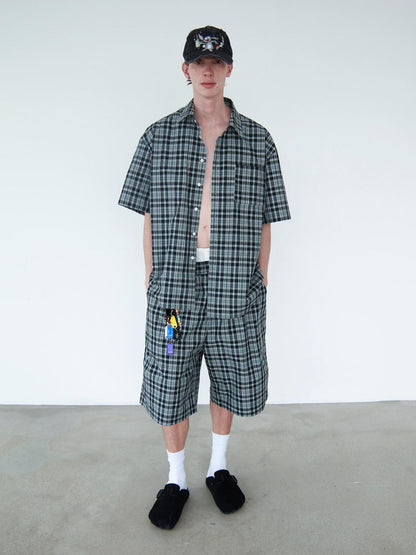 Delivery Delivery Green Black Plaid Loose Fit Short Sleeve Shirt
