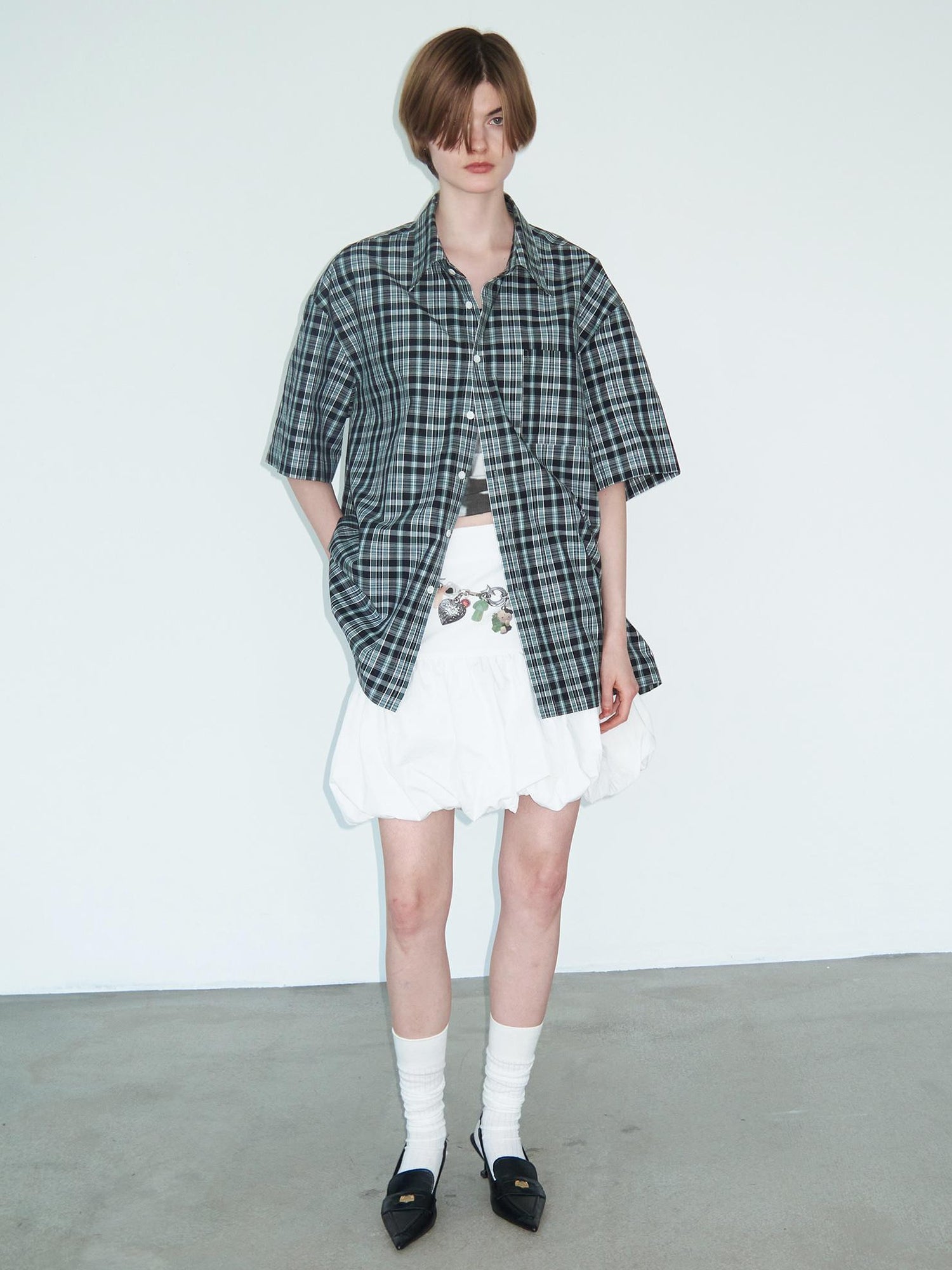Delivery Delivery Green Black Plaid Loose Fit Short Sleeve Shirt