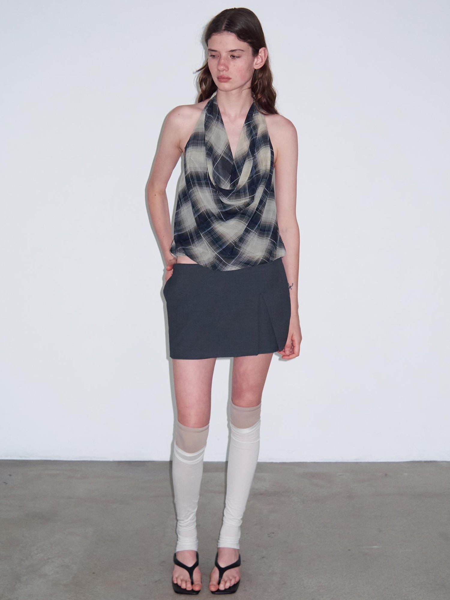Delivery Delivery Navy Blue Plunge Neck Halter Top with Lattice Back