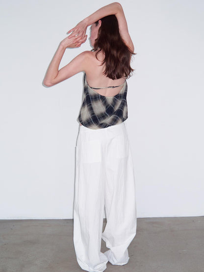 Delivery Delivery Navy Blue Plunge Neck Halter Top with Lattice Back