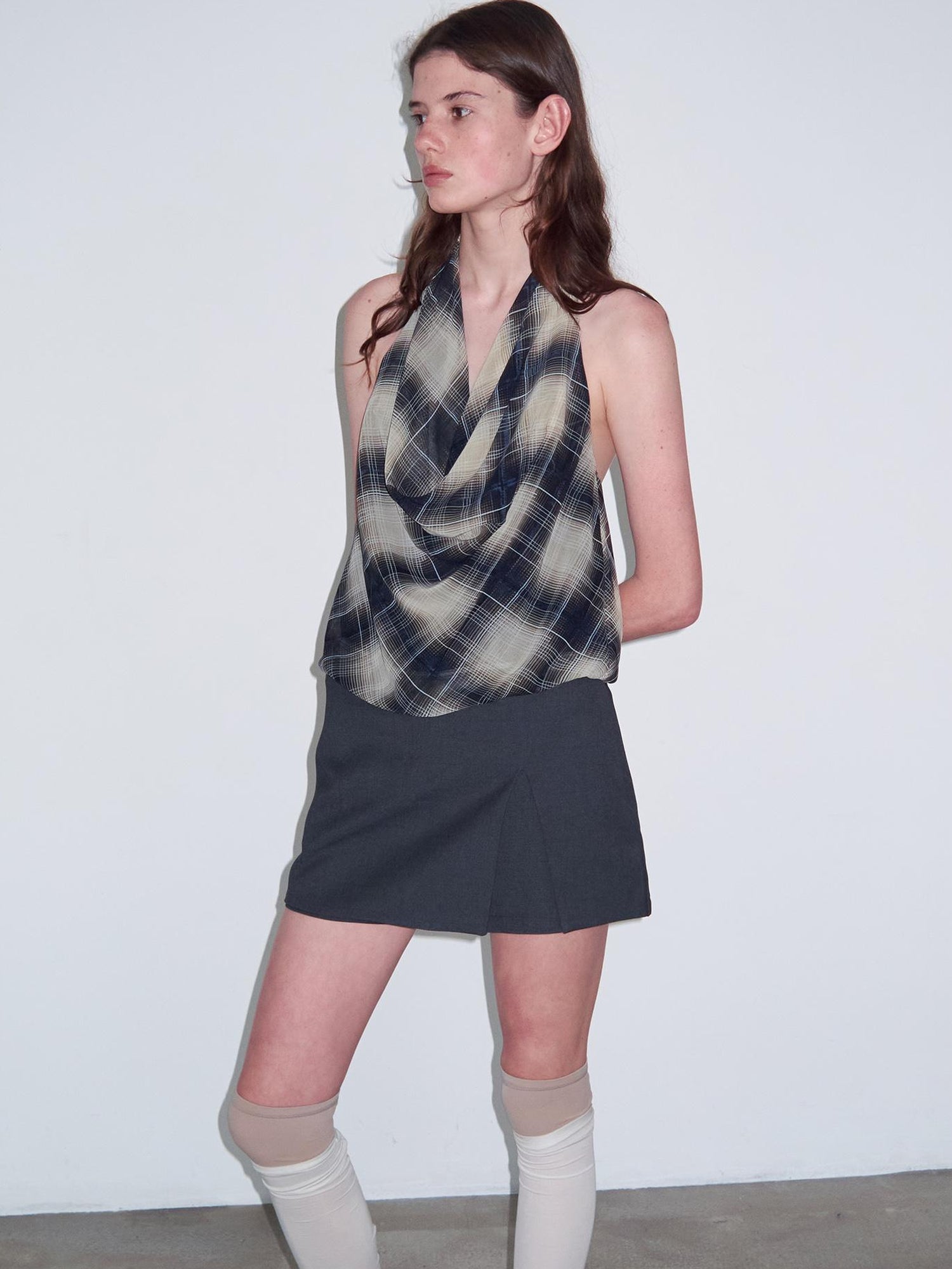 Delivery Delivery Navy Blue Plunge Neck Halter Top with Lattice Back