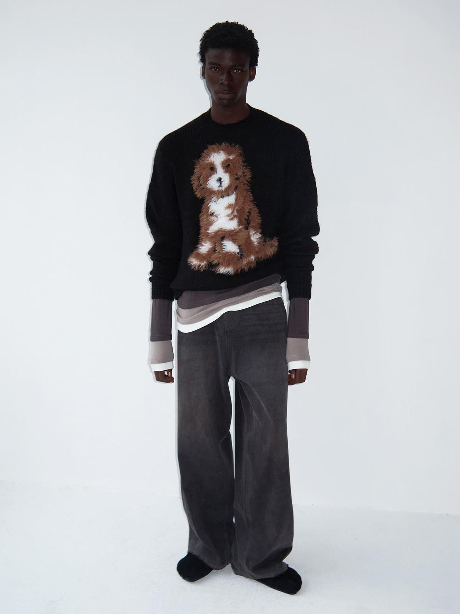 Delivery Delivery Washed Distressed Black Grey Jeans Loose Straight Leg Pants